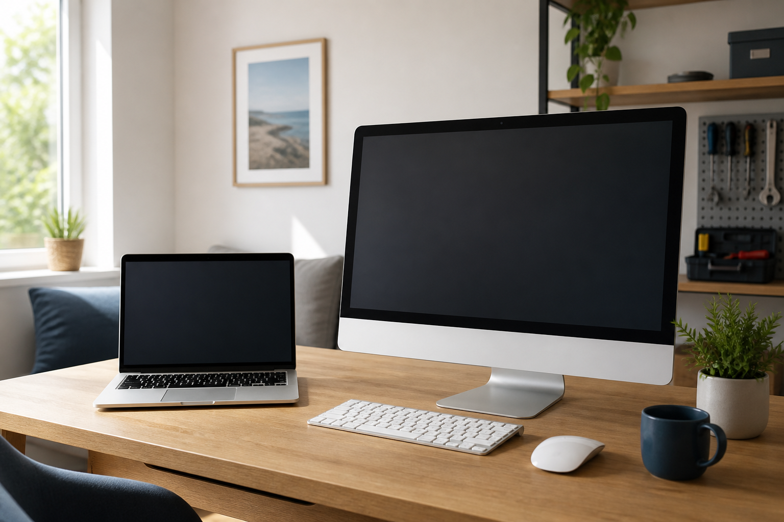 Ordinateur de bureau et ordinateur portable dans un espace de travail lumineux